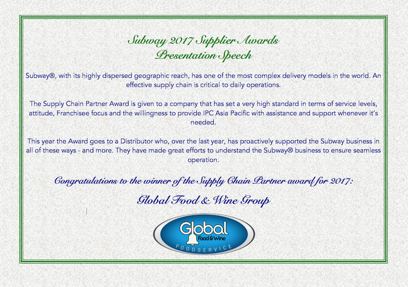 Subway 2017 Supplier Awards Speech